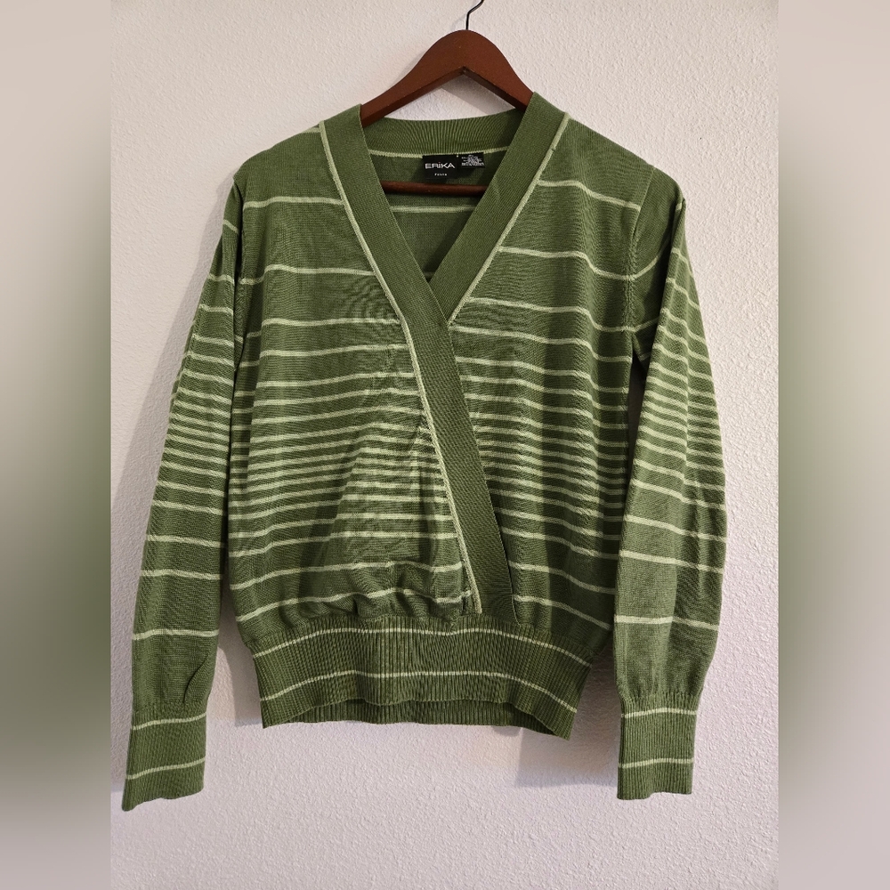 ERIKA Womens Petite Large Long Sleeve Green Striped Lightweight Sweater
